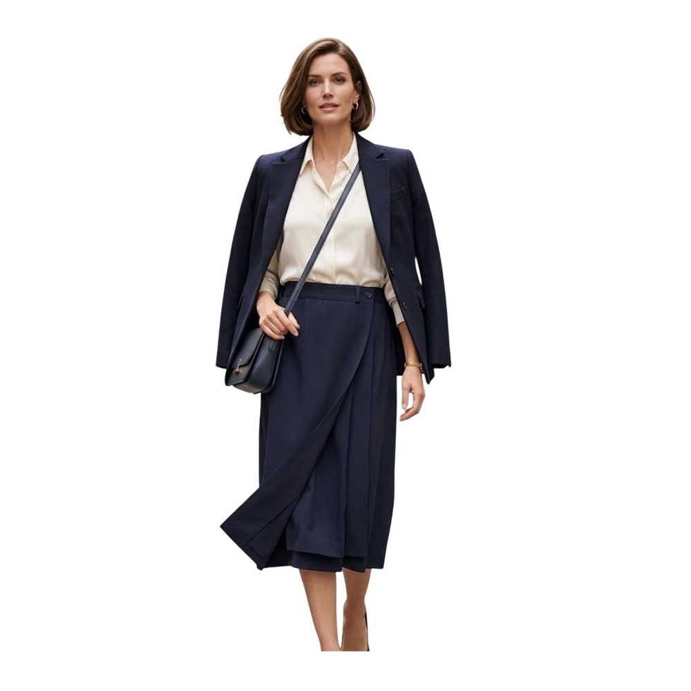 Vintage Escada SRB Asymmetrical Wrap Skirt Navy Blue Pleated‎ Midi 38 / 8